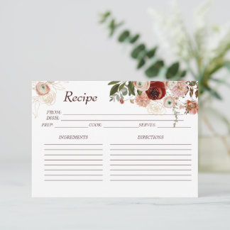 Burgundy Boho Floral Brautparty Rezept Card Dankeskarte