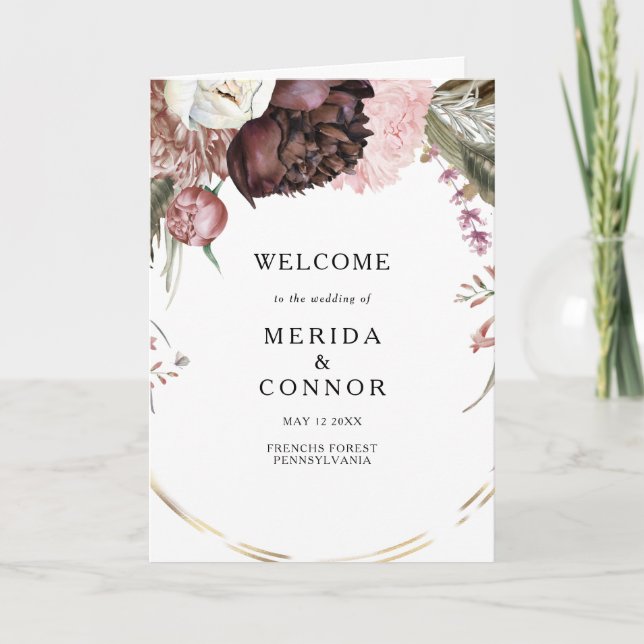 Burgundy Boho Floral Folded Wedding Programm (Vorderseite)