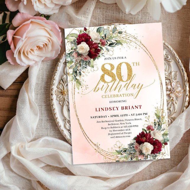 Burgundy Boho Floral Gold Frame 80th Birthday  Einladung (Burgundy Boho Floral Gold Frame 80th Birthday Invite)