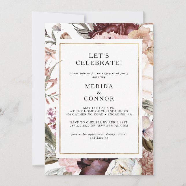 Burgundy Boho Floral Let's Celebrate Invitation Einladung (Vorderseite)