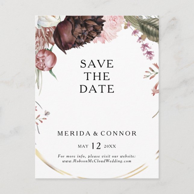 Burgundy Boho Floral Save the Date Postkarte (Vorderseite)