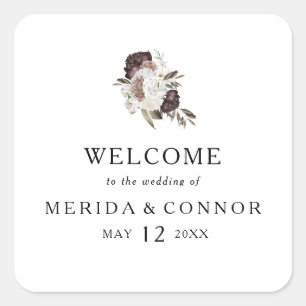 Burgundy Boho Floral Wedding Willkommen Quadratischer Aufkleber