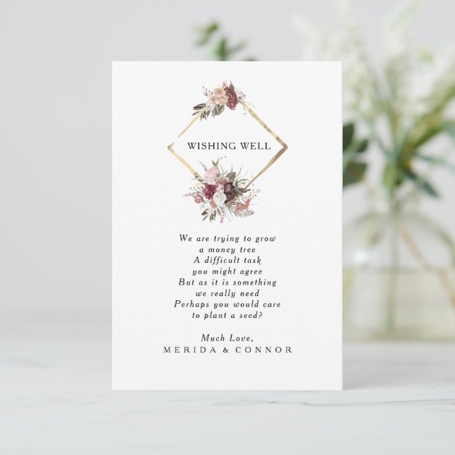 Burgundy Boho Floral Wedding Wishing Well Card Begleitkarte (Stehend Vorderseite)