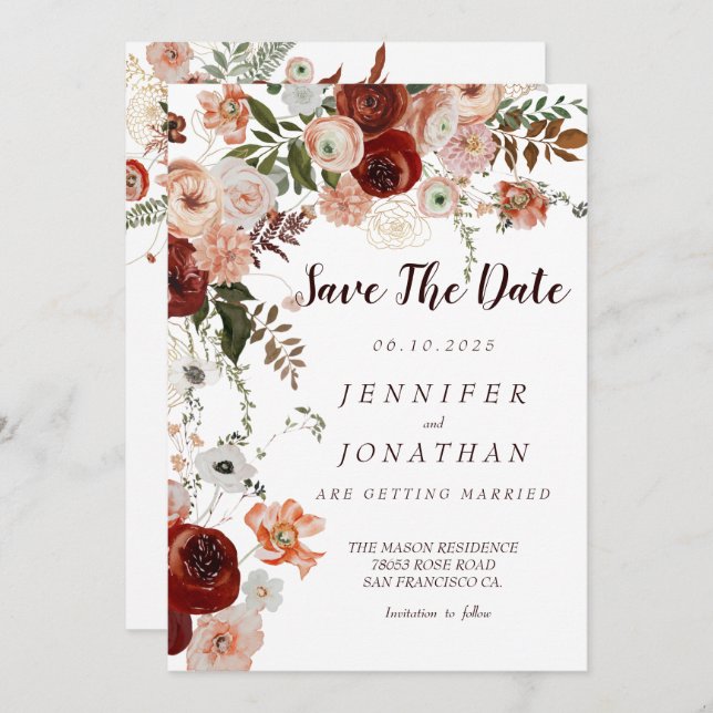 Burgundy Boho Gold Floral Save the Dates Einladung (Vorne/Hinten)