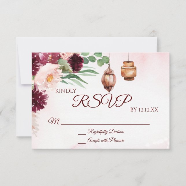 Burgundy Boho Lantern Watercolor Floral RSVP Card Karte (Vorderseite)