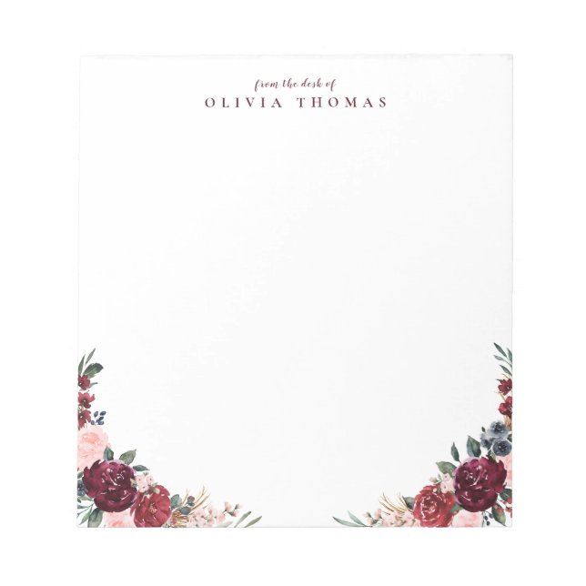 Burgundy boho personalisierte Blumengeschichten Notizblock (Vorderseite)