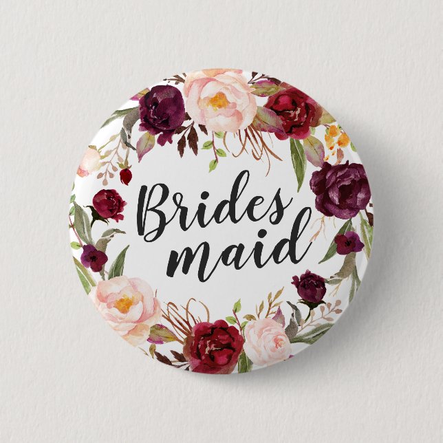 Burgundy Boho Red Blush Floral Wreath Bridesmaid Button (Vorderseite)