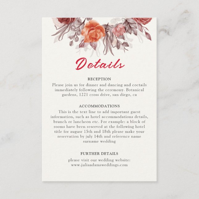 Burgundy Boho Rose Floral Pampas Grass Wedding Begleitkarte (Vorderseite)