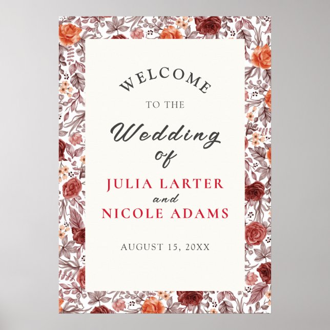 Burgundy Boho Rose Floral Pampas Grass Wedding Poster (Vorne)