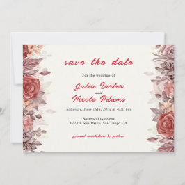 Burgundy Boho Rose Floral Pampas Grass Wedding Save The Date