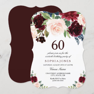 Burgundy Boho Watercolor Blush 60. Geburtstagspart Einladung
