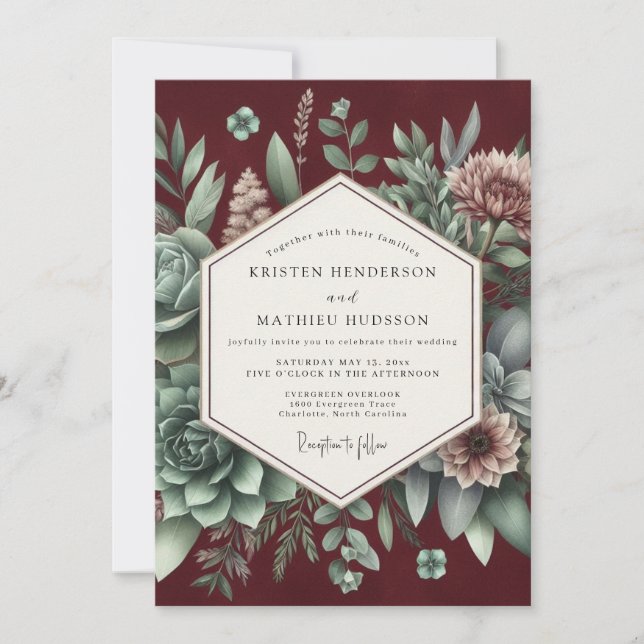 Burgundy Botanical Elegance Wedding Einladung (Vorderseite)