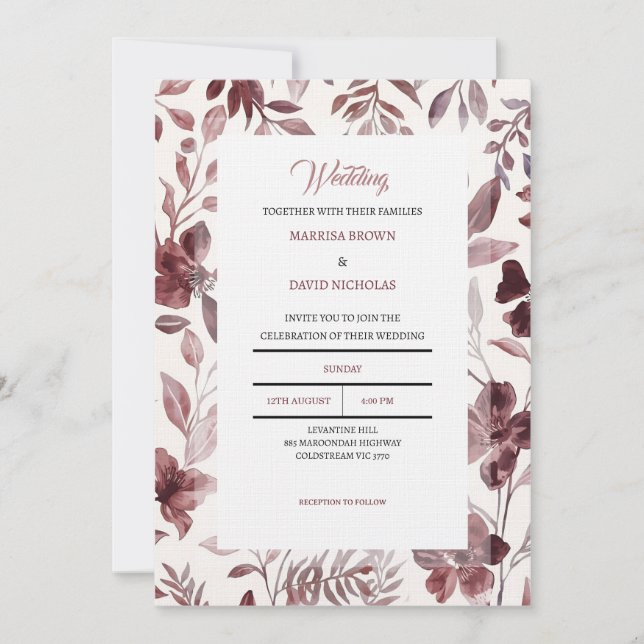 Burgundy Botanical Elegance Wedding Invitation Einladung (Vorderseite)