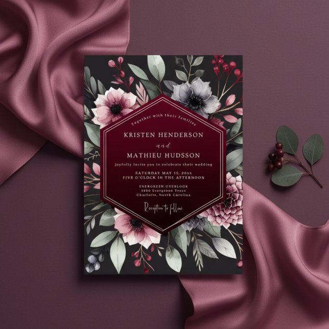 Burgundy Botanical Romance Wedding Einladung (Von Creator hochgeladen)