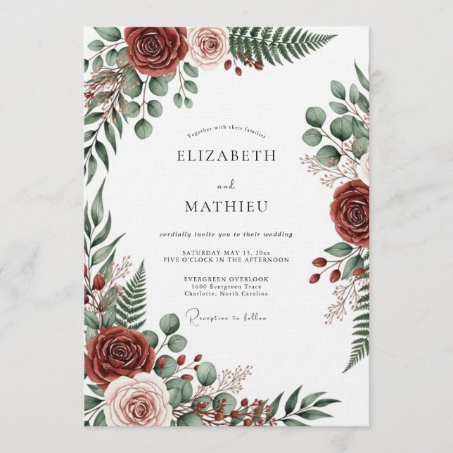 Burgundy Botanical Romantic Wedding Einladung (Vorderseite)