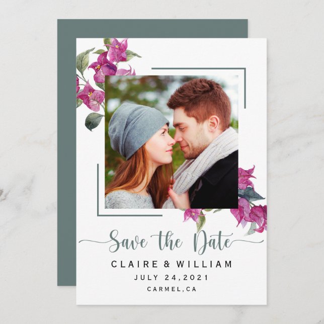 Burgundy Bougainvillea Wedding Save the Date (Vorne/Hinten)