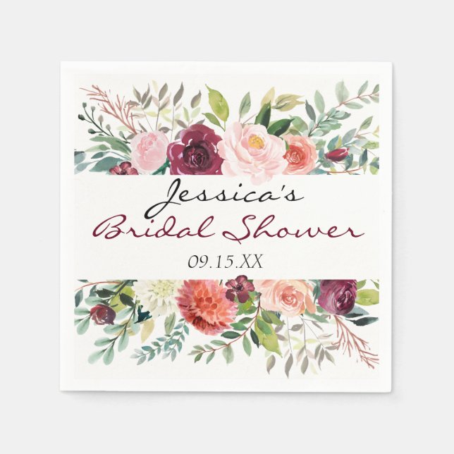 Burgundy Bouquet Personalisiert Floral Napkin Serviette (Vorderseite)