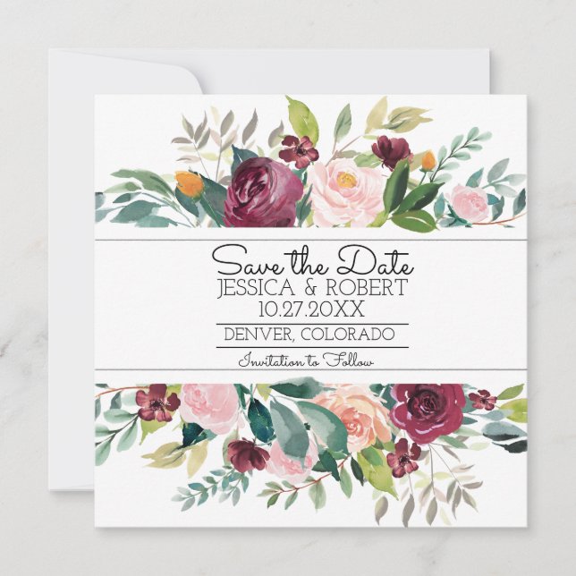 Burgundy Bouquet Save the Date Card (Vorderseite)
