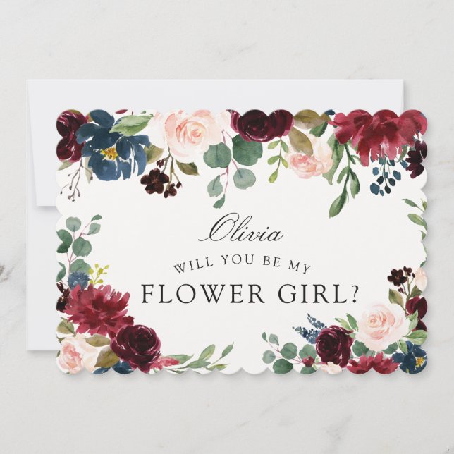 Burgundy Bouquet | Wirst du mein Blumenmädchen sei Einladung (Vorderseite)