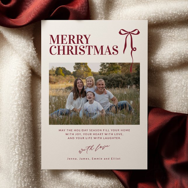 Burgundy Bow Christmas Card with Photo Einladung (Von Creator hochgeladen)