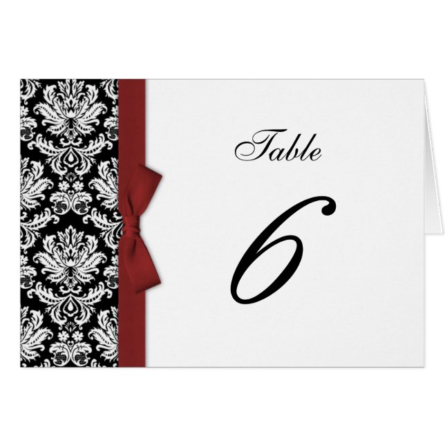 Burgundy Bow Damask Tischnummer (Vorderseite (Horizontal))