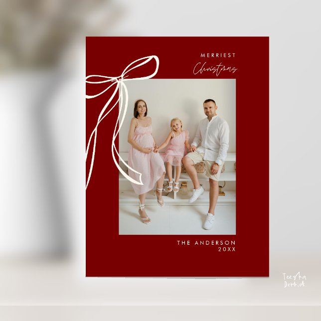 Burgundy Bow Family Foto Weihnachtsgrüße Postkarte (Modern Cream Bow Family Photo Christmas Minimalist Burgundy Wine Red Greeting Postcard)