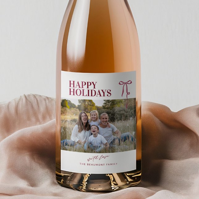 Burgundy Bow Happy Holidays Photo Wine Label Weinetikett (Von Creator hochgeladen)