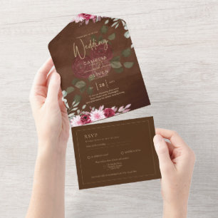 Burgundy Brown Floral Winter Hochzeit im Herbst ei All In One Einladung
