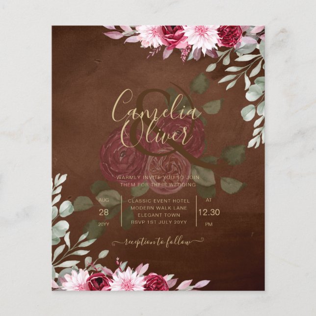 Burgundy Brown Floral Winter Hochzeit im Herbst ei Flyer (Vorne)