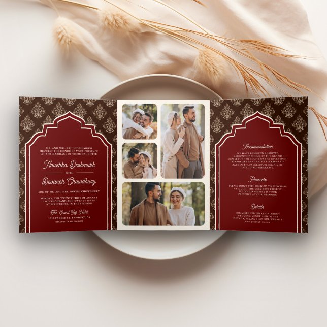 Burgundy Brown Ikat Foto Collage Indian Wedding Dreifach Gefaltete Einladung (Von Creator hochgeladen)