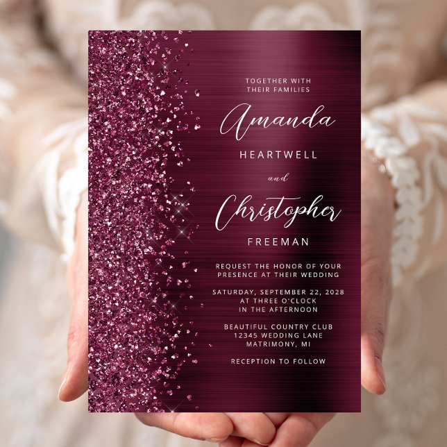 Burgundy Brushed Metal Glitzer Script Wedding Einladung (Von Creator hochgeladen)