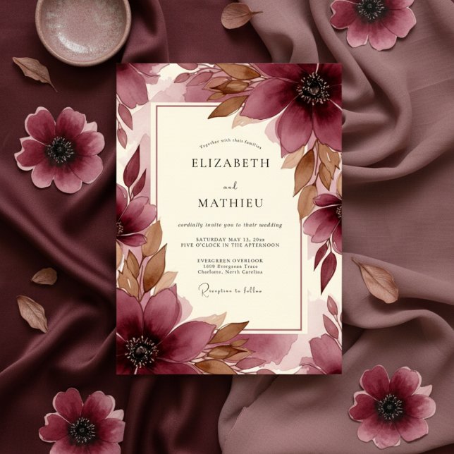 Burgundy Brushstroke Bloom Wedding Einladung (Von Creator hochgeladen)