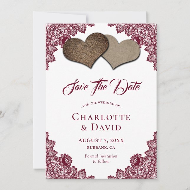 Burgundy Burlap Lace Wedding Save the Date Card (Vorderseite)