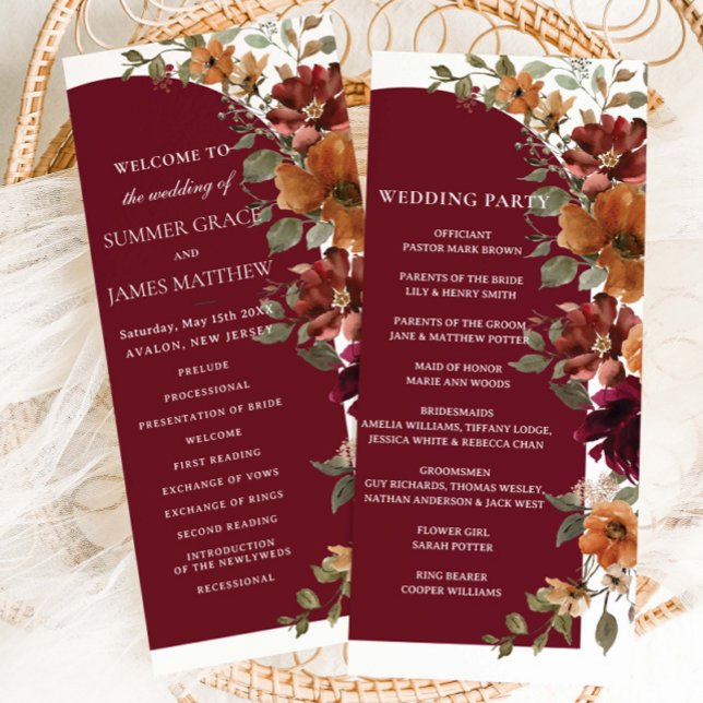 Burgundy Burnt Orange Arch Wedding Programm (Von Creator hochgeladen)