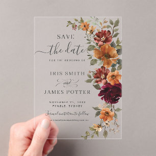 Burgundy Burnt Orange Bloral Wedding Save the Date Acryleinladungen