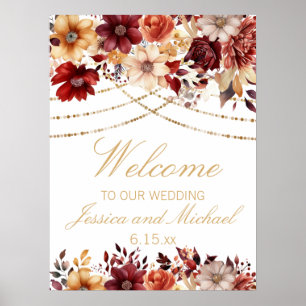 Burgundy Burnt Orange Cream Floral Wedding Willkom Poster
