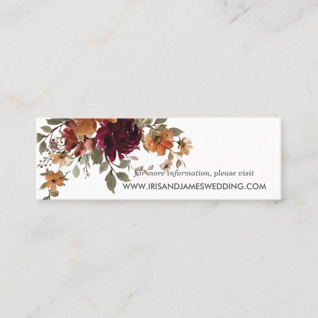 Burgundy Burnt Orange Floral Wedding Website Card Mini Visitenkarte (Vorderseite)