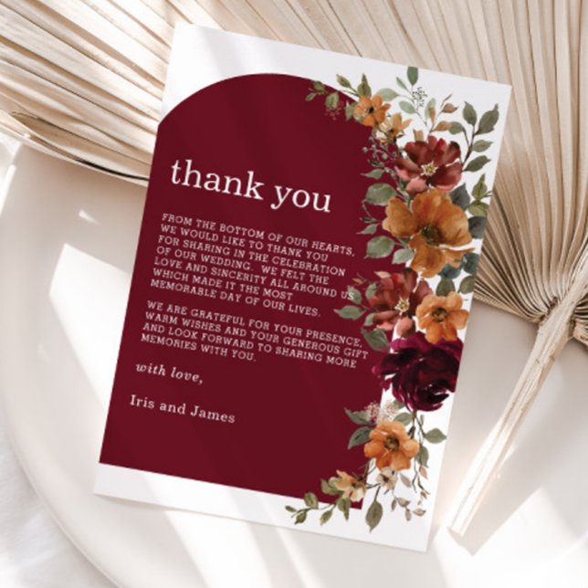 Burgundy Burnt Orange Rust Floral Wedding Dankeskarte (Von Creator hochgeladen)