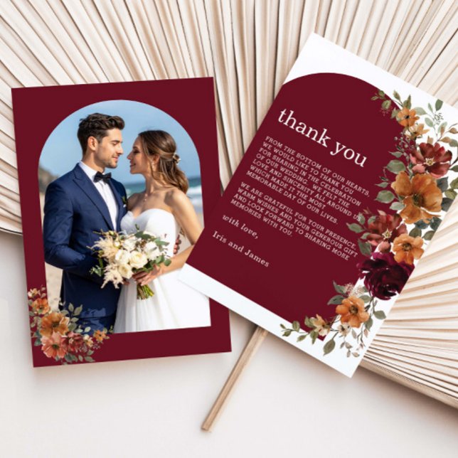 Burgundy Burnt Orange Rust Floral Wedding Photo Dankeskarte (Von Creator hochgeladen)