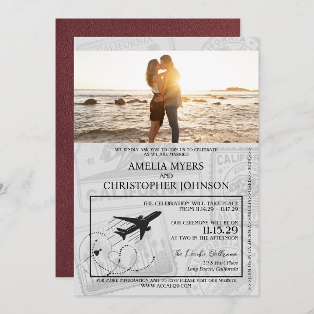 Burgundy California Passport Wedding Einladung (Vorne/Hinten)