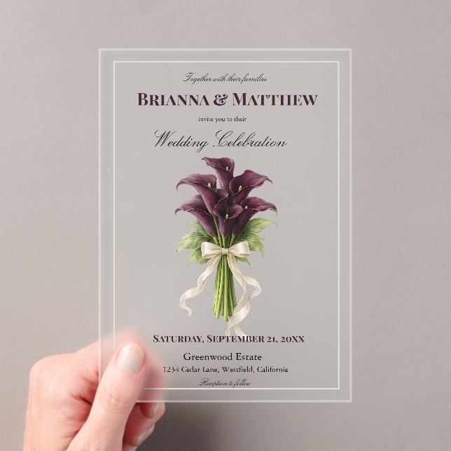 Burgundy Calla Lily Wedding Bouquet Ivory Ribbon  Acryleinladungen (Insitu (Handheld))