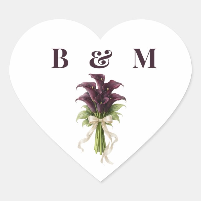 Burgundy Calla Lily Wedding Bouquet Ivory Ribbon  Herz-Aufkleber (Vorderseite)