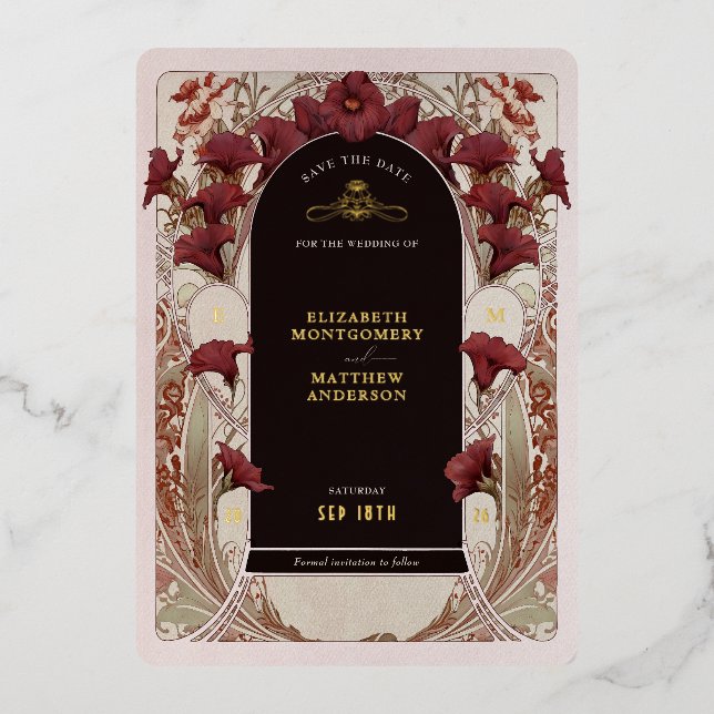 Burgundy Calla Lily Wedding Save The Date Folieneinladung (Vorderseite)