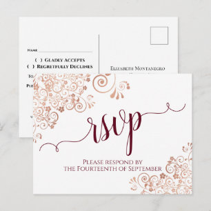Burgundy Calligraphy Rose Gold Lace Wedding RSVP Postkarte