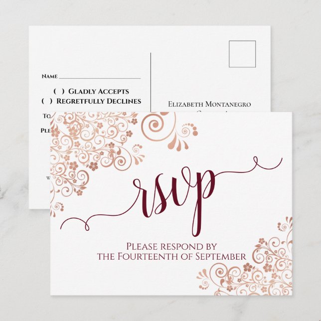 Burgundy Calligraphy Rose Gold Lace Wedding RSVP Postkarte (Vorne/Hinten)
