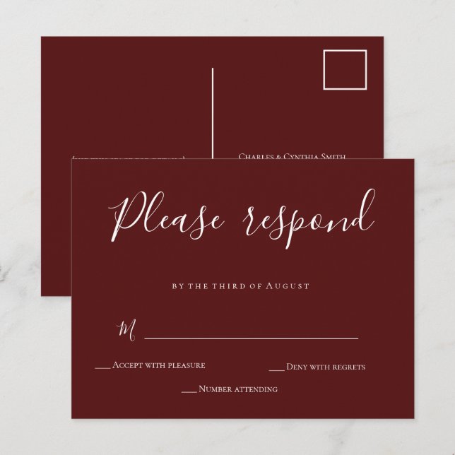 Burgundy Calligraphy Wedding RSVP Card Postkarte (Vorne/Hinten)