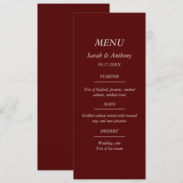 Burgundy Casual Minimalist Elegant Wedding Food  Menükarte (Vorne/Hinten)
