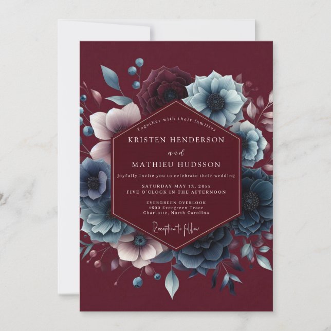 Burgundy Celestial Bloom Wedding Einladung (Vorderseite)
