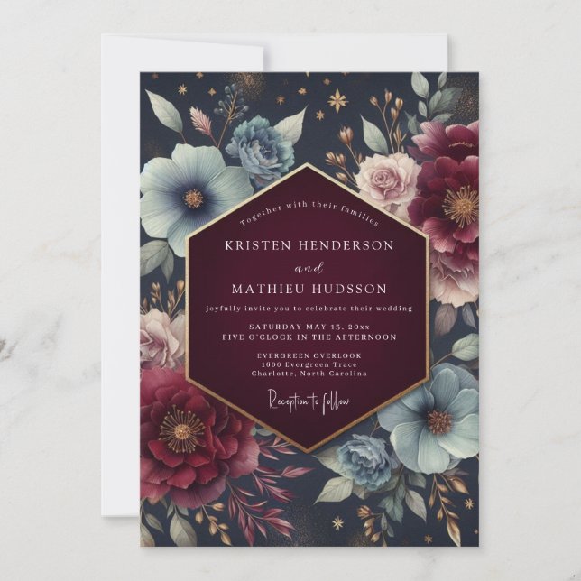 Burgundy Celestial Bloom Wedding Einladung (Vorderseite)