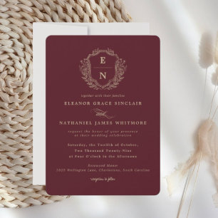 Burgundy Champagne Gold Wappen Monogram Wedding Einladung